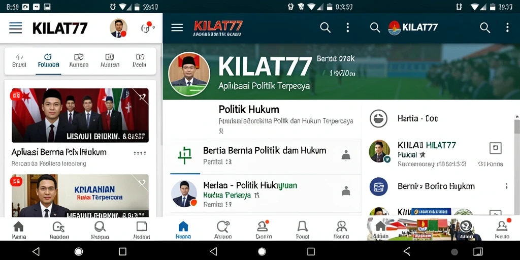 Tampilan antarmuka aplikasi KILAT77 dengan fitur berita politik dan hukum.